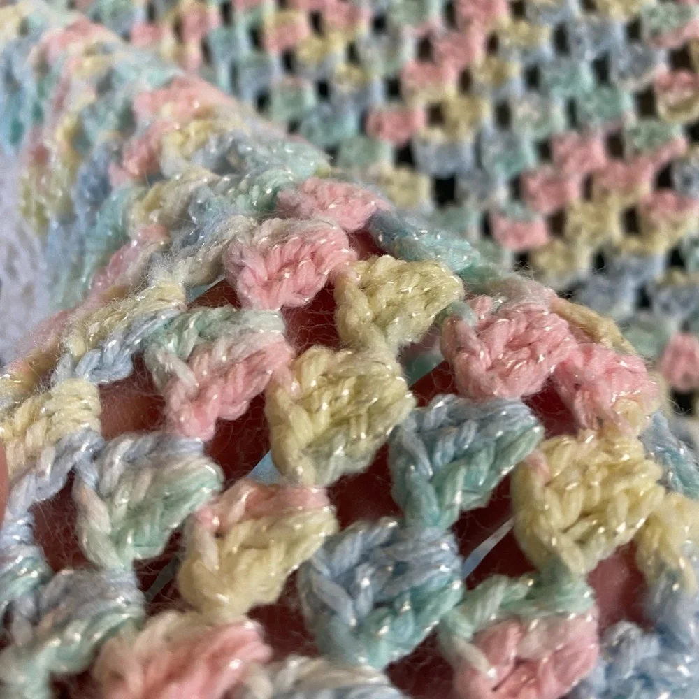 Crocheted Homemade Baby Blanket Pink, Yellow, Green, Blue and White 36x26